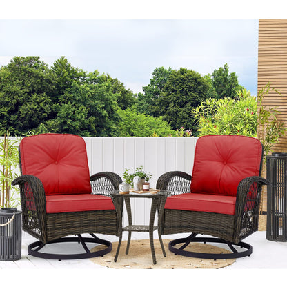 MELLCOM 3 Pieces Patio Furniture Set, Outdoor Swivel Rocker Patio Chairs, Wicker Patio Bistro Set with Rocking Chair, Thickened Cushions and Glass Coffee Table for Backyard, Garden, Wine Red