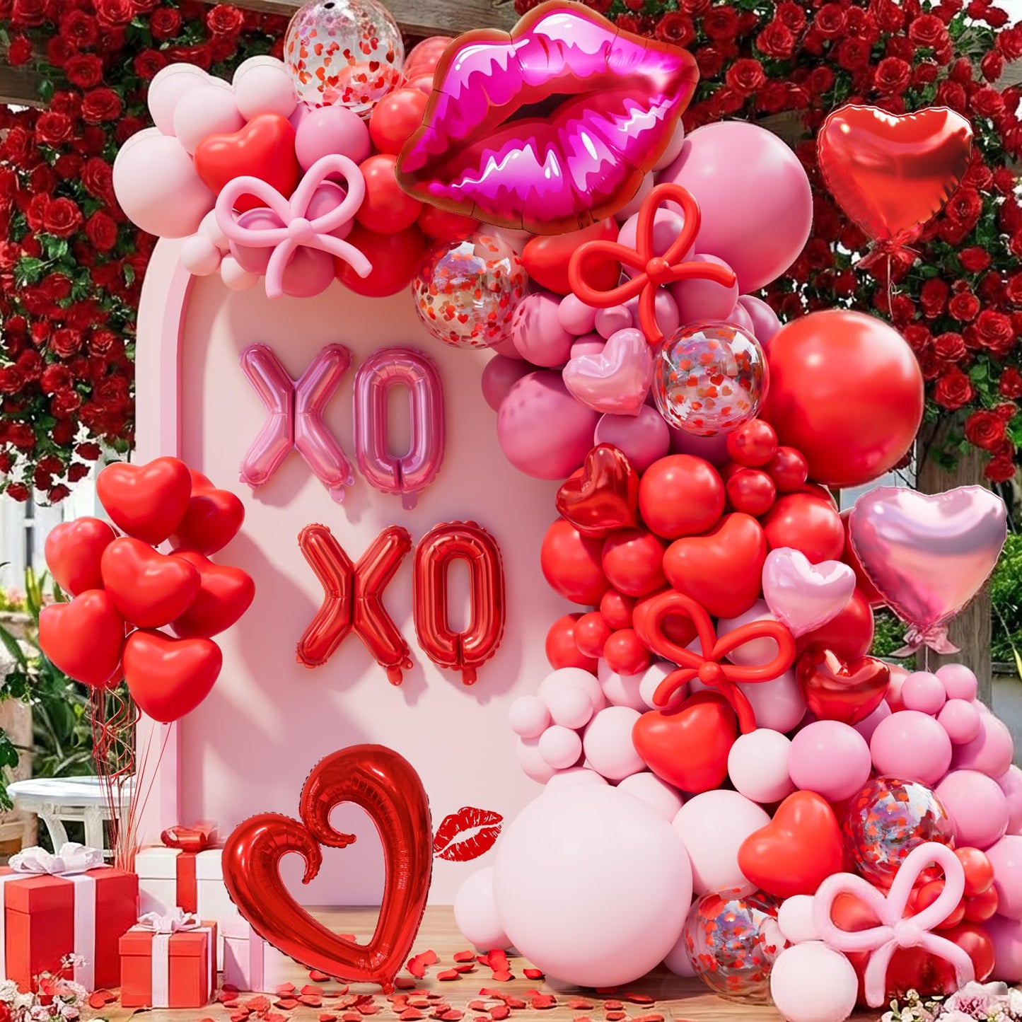 Pink and Red Balloon Garland Arch Kit, Coquette Birthday Decorations with 570pcs Red Pink Heart Confetti Balloons, Heart Lip XOXO Star Foil Balloons, Rose Petals for Wedding Romantic Decorations