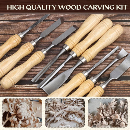 12Pcs Wood Carving Tools Set with 60Cr-V Steel Blades & Premium Wooden Gift Box - Wood Chisel Sets for Woodworking Beginners and Professionals