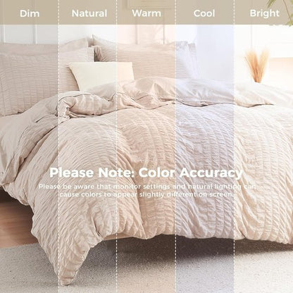 HYMOKEGE King Size Comforter Set - 7-Piece Seersucker Luxury Bedding in Beige for All Seasons