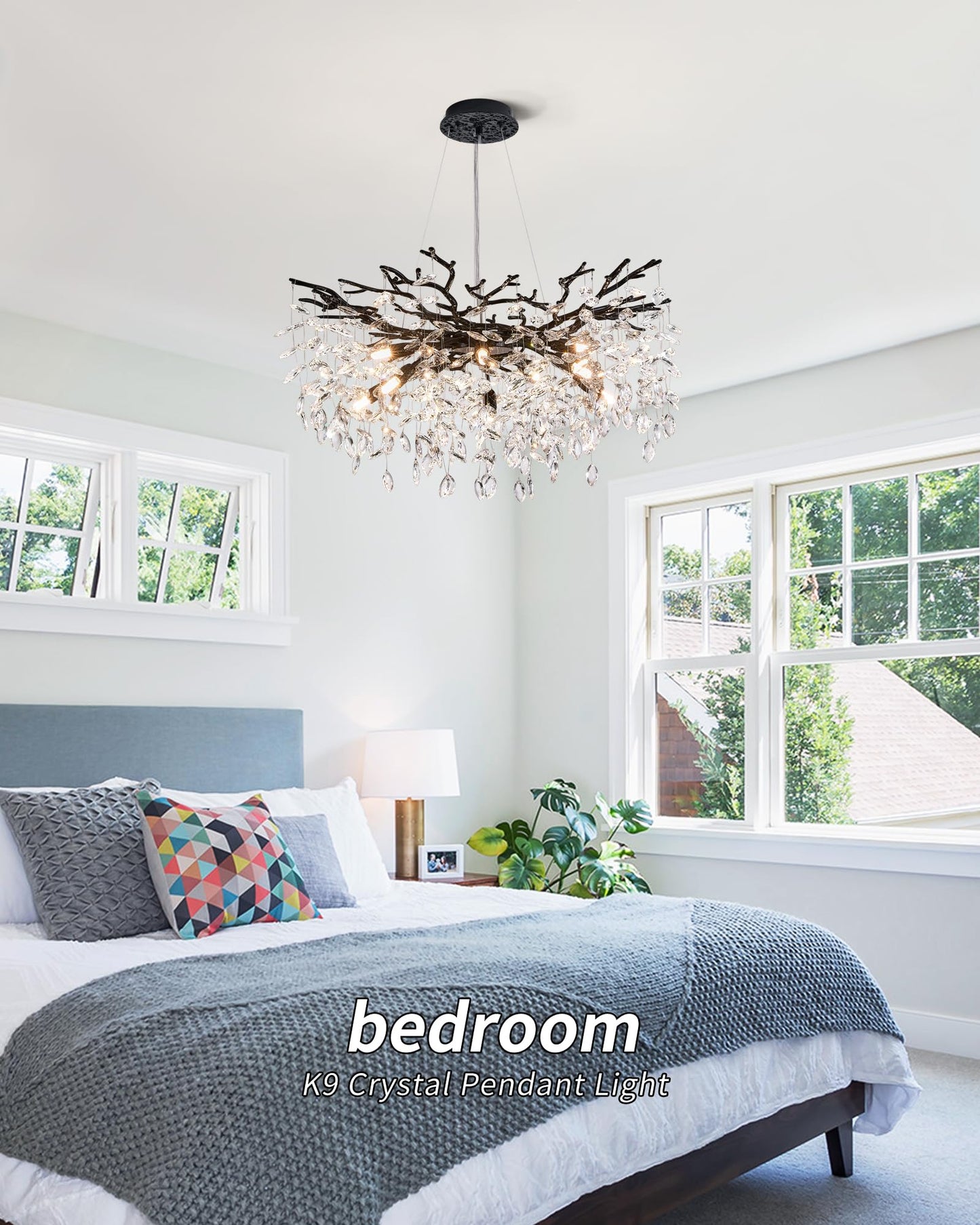 witkey Modern Tree Branch Crystal Chandelier Luxury Black Crystal Pendant Lighting 30" Contemporary 10-Light Chandeliers for Dining Room Kitchen Bedroom Living Room