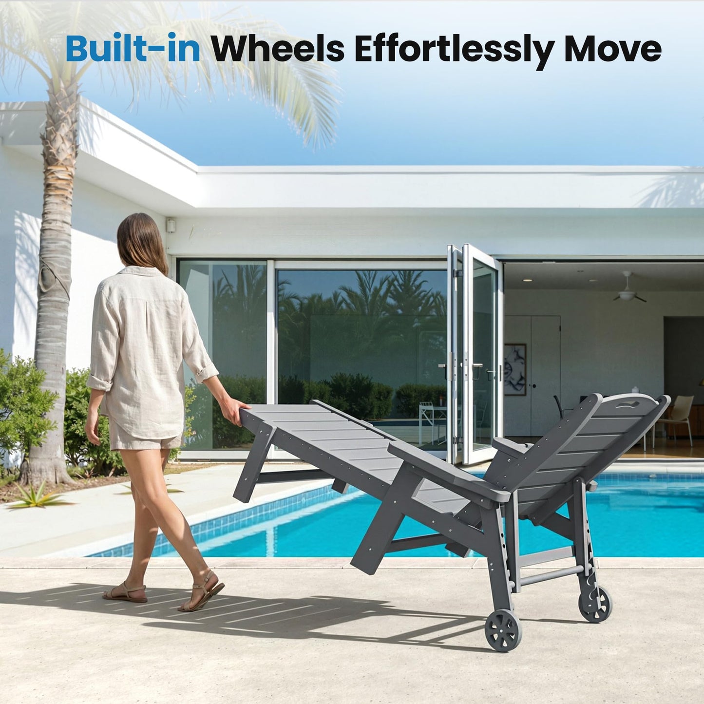 UDPATIO Outdoor Chaise Lounge Chair, HDPE Patio Lounge Chairs for Outside with Wheels & Cup Holder, Reclining Seating with 5 Position for Poolside Deck Garden Indoor,Grey,2PCS