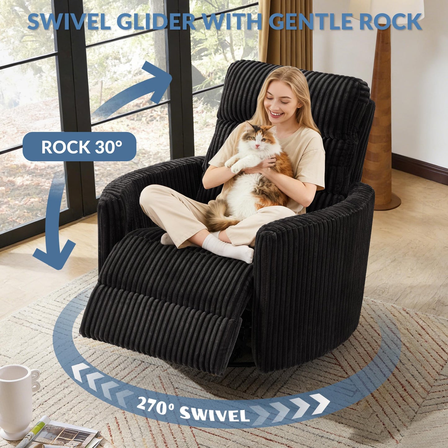 GRAINELL Oversize Power Swivel Recliner, 40in Wide Electric Glider Rocking Chair with Headrest Adjustment, USB Port, 270° Swivel, Rock 30° – for Living Room, Nursery, Black (5" 7' to 6" 1' Height)