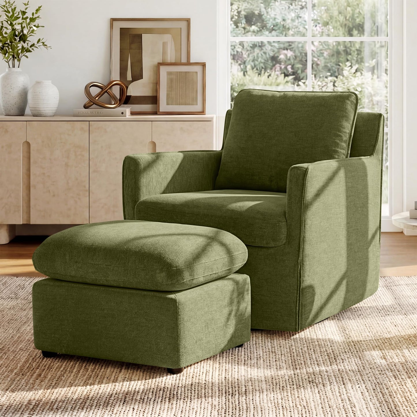 KISLOT Swivel Accent Chair with Ottoman, Rocking Recliner 360 Degree Swivel Armchair Machine-Washable Cover for Nursery Living Room Bedroom