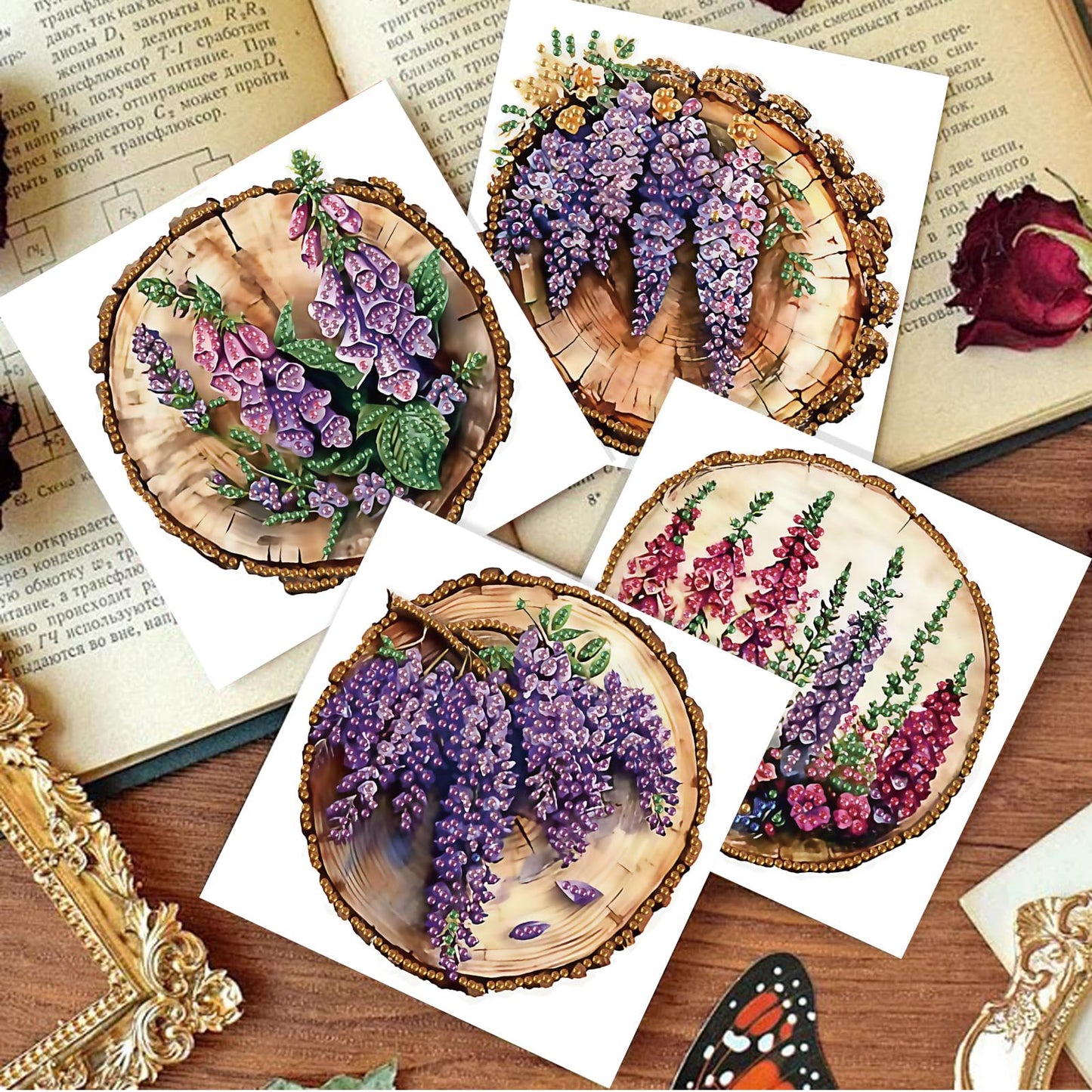 SHEGZHUC 6 Pack Diamond Painting Gift Card Lilacs Tree Stump, Diamond Art Kits for Adults Flowers Purple, Birthday Wedding Anniversary Greeting Get Well Congratulations Thank You Cards with Envelopes