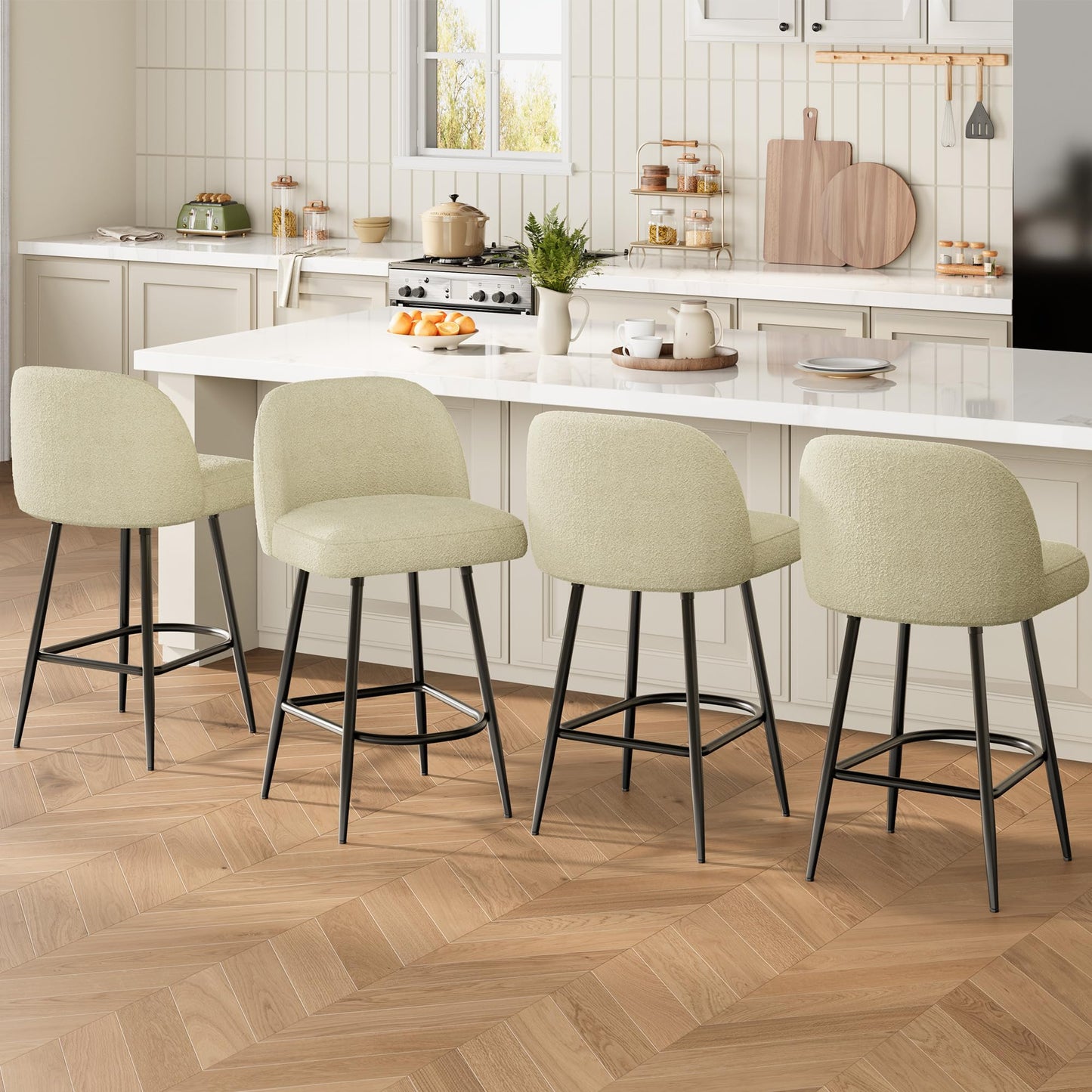 IDEALHOUSE Counter Height Bar Stools Set of 4, 26" Modern Upholstered Barstools with Backs and Metal Legs, Faux Sherpa High Chairs with Arc Metal Footrest for Kitchen Island, Beige