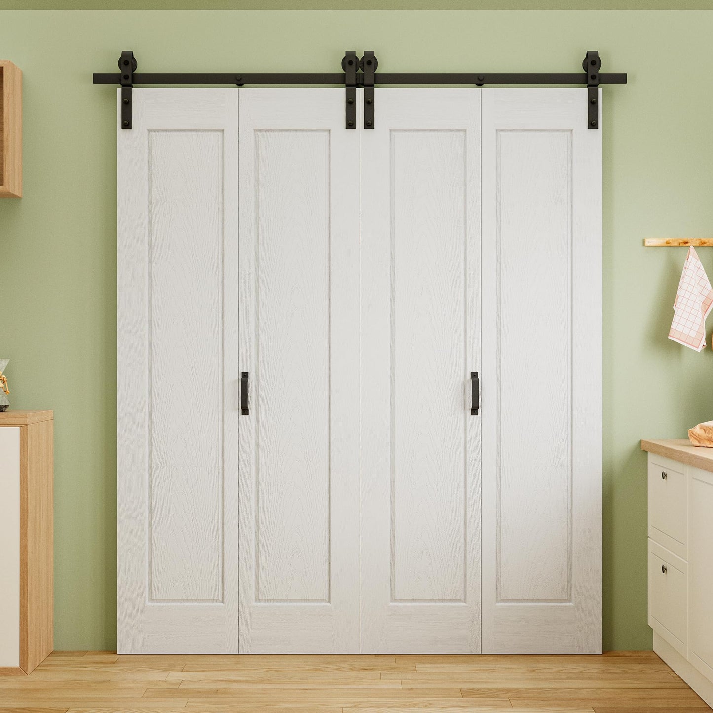 64" x 84" Pre-Assembled 1 Raised Panel Bifold Barn Door, Paintable White Primed Pre-Finished Bi Fold Barn Door and Hardware Kit Included, 72" Track Kit for 4 Closet Doors for Pantry Laundry Bathroom