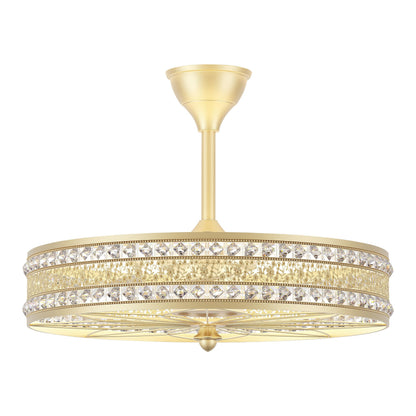 24 Inch Fandelier Ceiling Fan with Light and Remote, Luxury Crystal French Rococo Chandelier Fan, Bladeless Enclosed Caged Pendant Light Fixture for Living Room, Bedroom, Dining Room, Kitchen Island