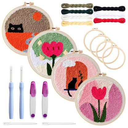 XunYee 4 Sets DIY Punch Needle Kits for Adult Beginners Cute Cat with Flower with Hoop Punch 8 Inch DIY Needle Embroidery Sets Starter Craft Set Easy for Adults Children Festival Gift Decoration