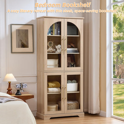 Joaxswe 72" Tall Bookshelf Set of 2, Farmhouse Bookcase with 3-Tier Adjustable Shelves, Modern Living Room Display Cabinet with Glass Doors, Large Storage Cabinet for Home Office,Dining Room, Natural