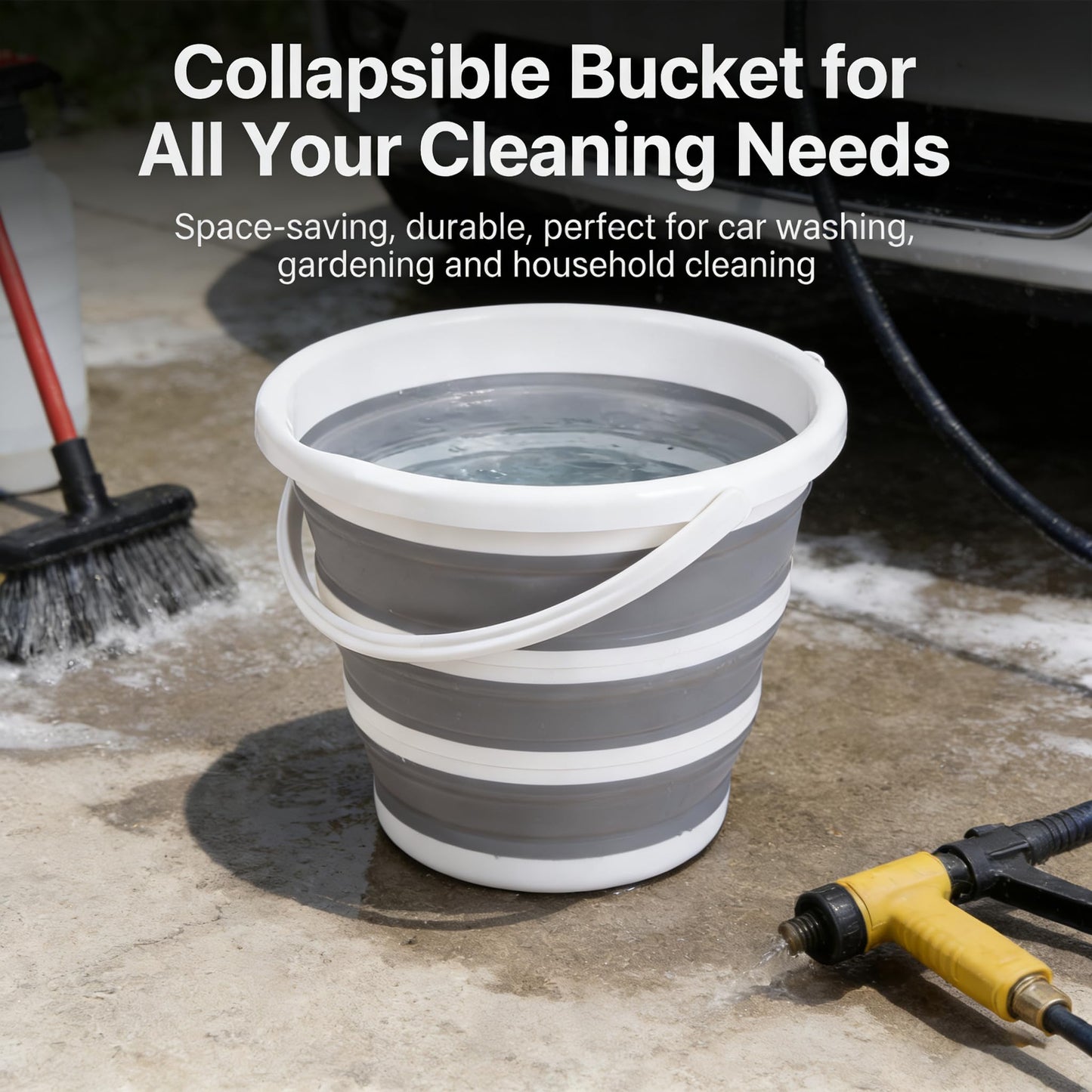 Collapsible Bucket, Collapsible Mop Bucket, 10L 2.6 Gallon Car Wash Bucket, Indoor and Outdoor Foldable Portable Bucket with Handle for Windows Cleaning, Camping, Beach, Space Saving, Gray & White