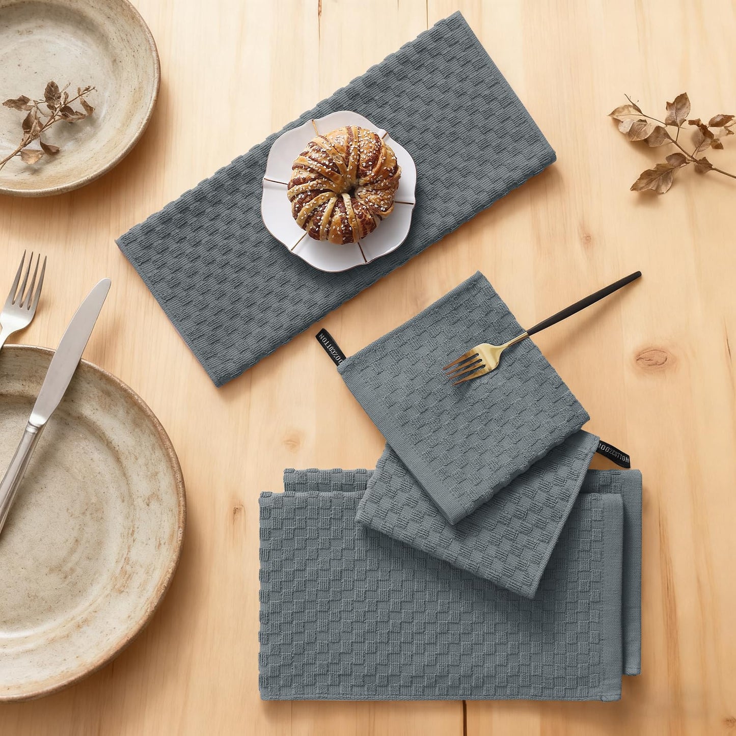 Homaxy 100% Cotton Kitchen Towels and Dishcloths Set, 12 x 12 & 15 x 25 Inches, Set of 8 Bulk Terry Cloth Dish Towels, Super Soft and Absorbent Hand Towel with Hanging Loop, Dark Grey