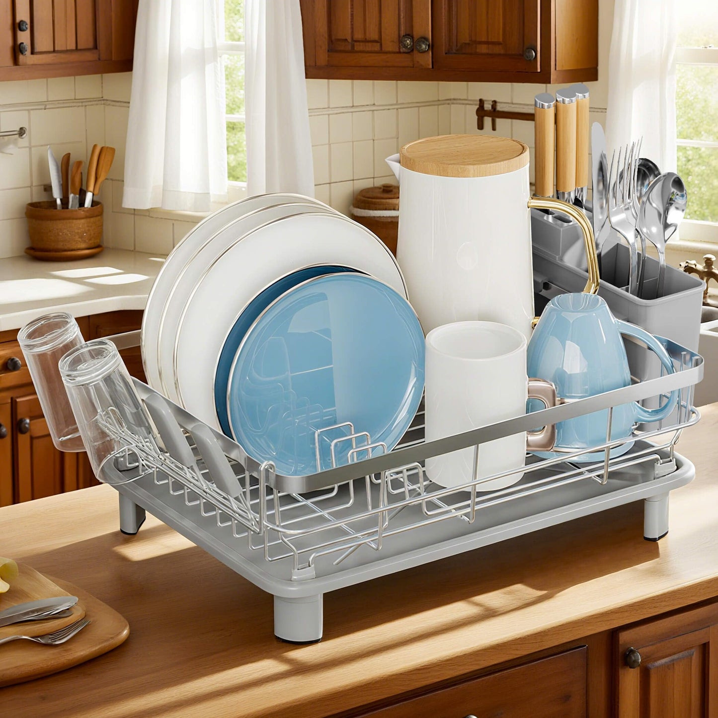 MOUKABAL Dish Drying Rack, Dish Rack, Stainless Steel Dish Racks for Kitchen Counter, Dish Drainer with Removable Utensil Holder, Drainboard (Grey,Stainless Steel,13''W x 17''L)