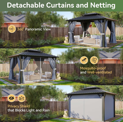 Aoxun 10x12 Gazebo Hardtop Gazebo with Double Galvanized Steel Roof Outdoor Pavilion with Breathable Netting and Privacy Curtain for Backyard (Gray)