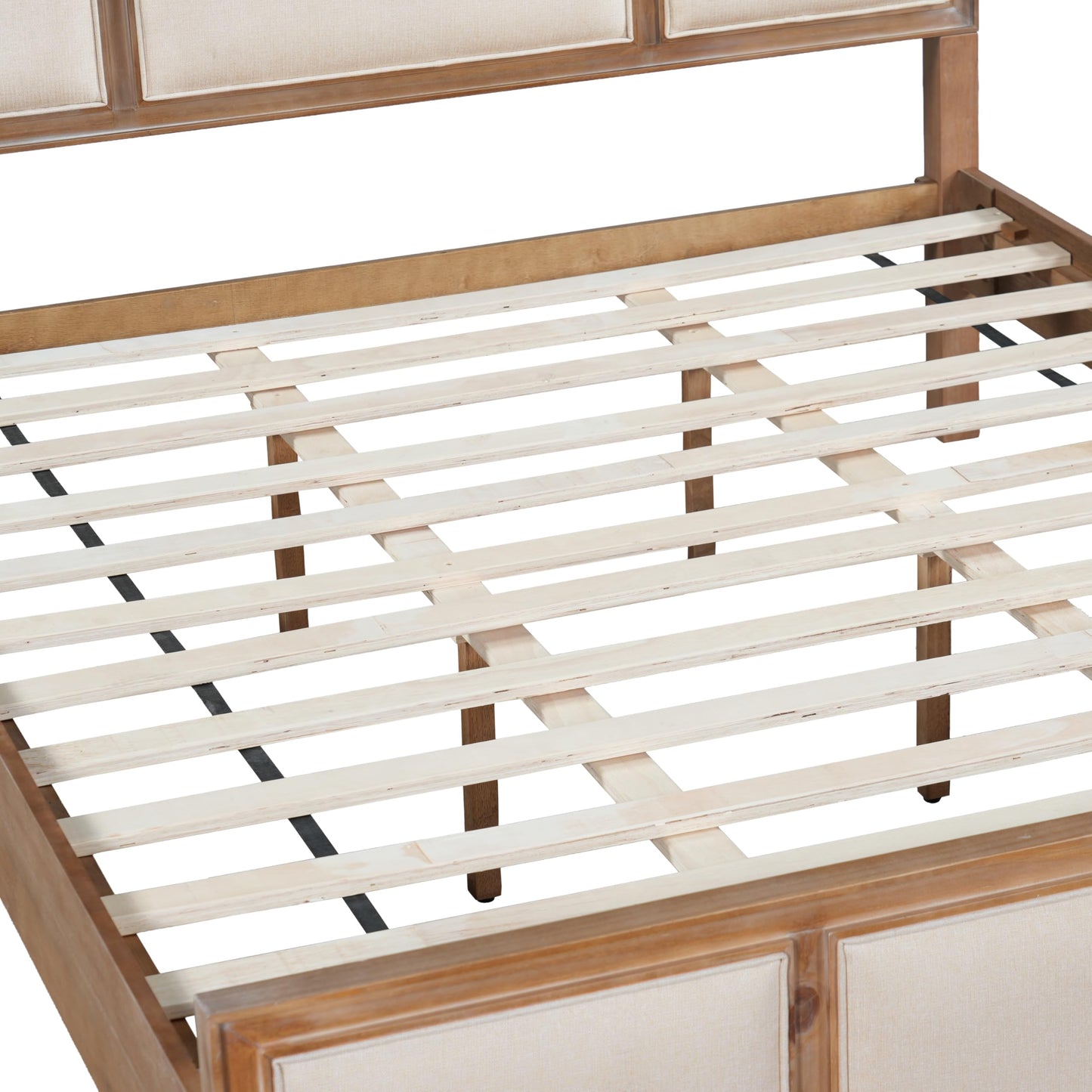 Queen Size Wooden Bed Frame with Upholstered Headboard, Natural Wood & Beige Fabric, Solid Wood Platform, Modern Farmhouse Style