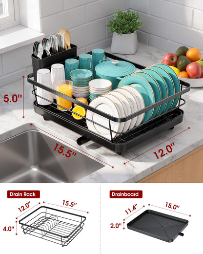 Sakugi Stainless Steel Dish Drying Rack for Kitchen Counter, Sink Organization and Storage Essentials with Silverware & Utensil Holder, Home and Apartment Decor, 12''W x 15.5''L, Black
