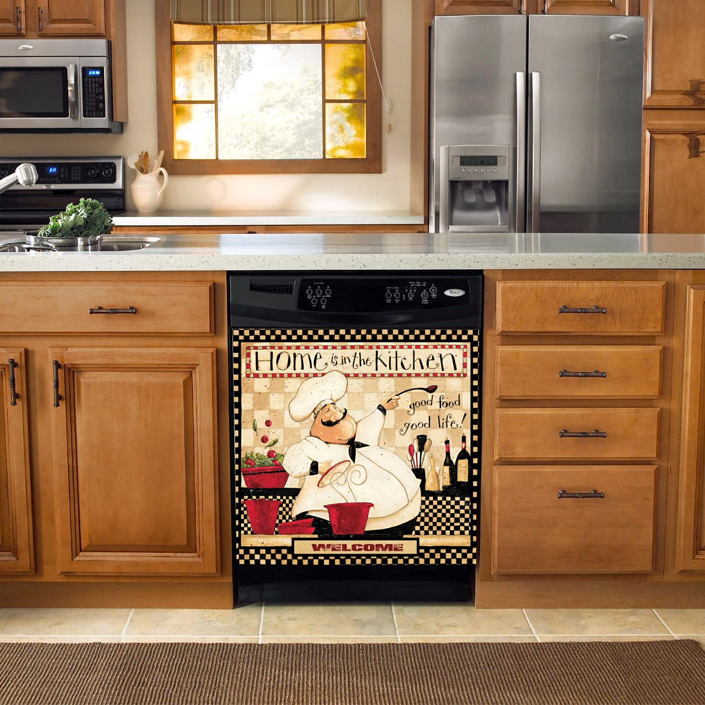 Yosa Chef Magnet Sticker, 23x26inch Plaid Dishwasher Sheet Decal, Classic Kitchen Refrigerator Door Decorative, Good Food Good Life Dishwasher Cover Panel Decals
