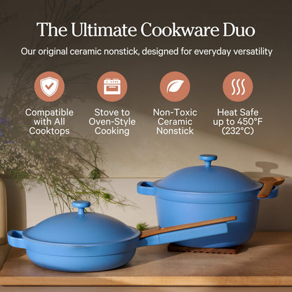 Our Place Cookware Duo | 7-Piece Ceramic Cookware Set with 10.5" Always Pan 2.0, 5.5 Qt Perfect Pot & Strainer Basket | Induction & Oven Safe up to 450°F | Nonstick, Non-Toxic | Forget-Me-Not Blue