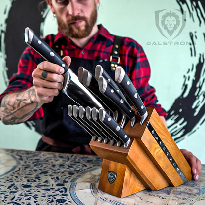 Dalstrong 12-Piece Elite Knife Block Set — German High-Carbon Steel, Full-Tang, Hand-Polished — Chef + Santoku + Nakiri + Boning + Fillet + 6 Steak — Gladiator Series Manchurian Ash Block, NSF