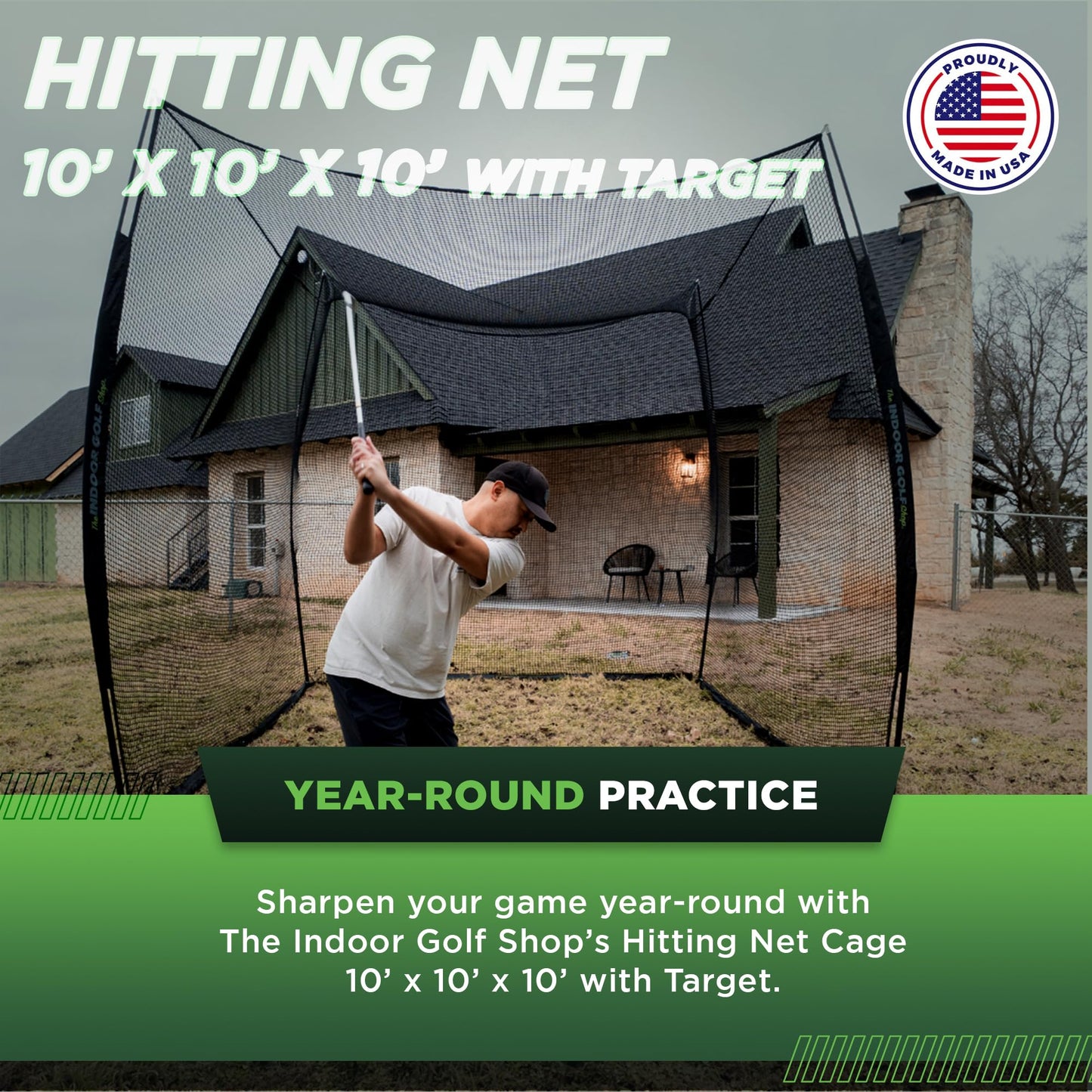The Indoor Golf Shop - Hitting Net Cage 10' x 10' x 10' with Target Knotless Golf Net Cage for Indoor and Outdoor Practice - Arrives Ready to Assemble and Use