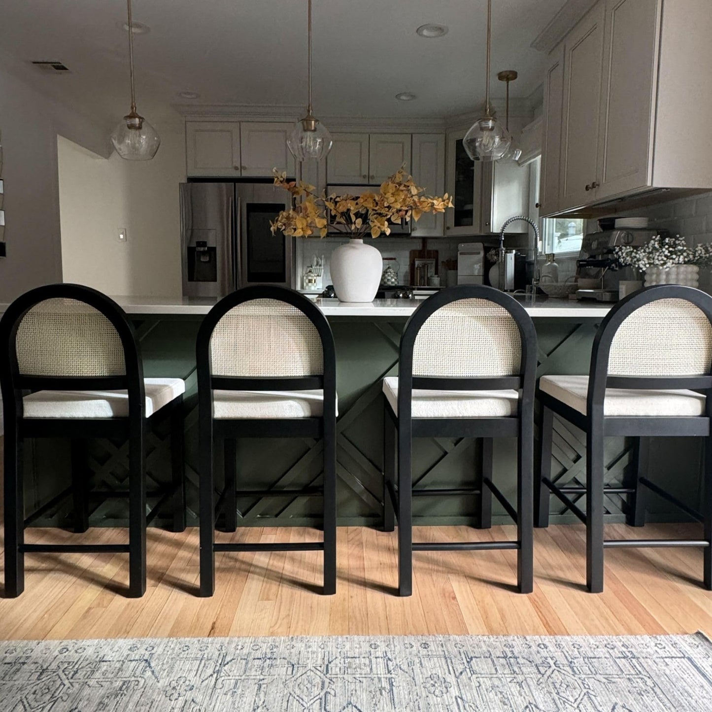 Nathan James Bailey Boucle Upholstered Rattan Bar Stool, Counter Height Stool with Natural Rattan Woven Back For Kitchen Island, White/Black Oak, Set of 4