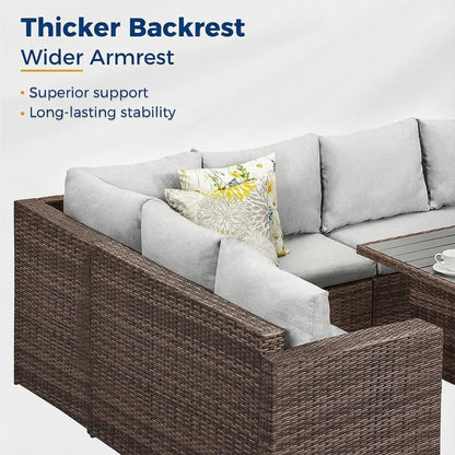 Wisteria Lane 7 Piece Patio Furniture Set, Wicker Patio Sectional with Wide Armrest, All Weather Outdoor Dining Set, Outdoor Furniture Patio Conversation Set with Ottoman, Grey