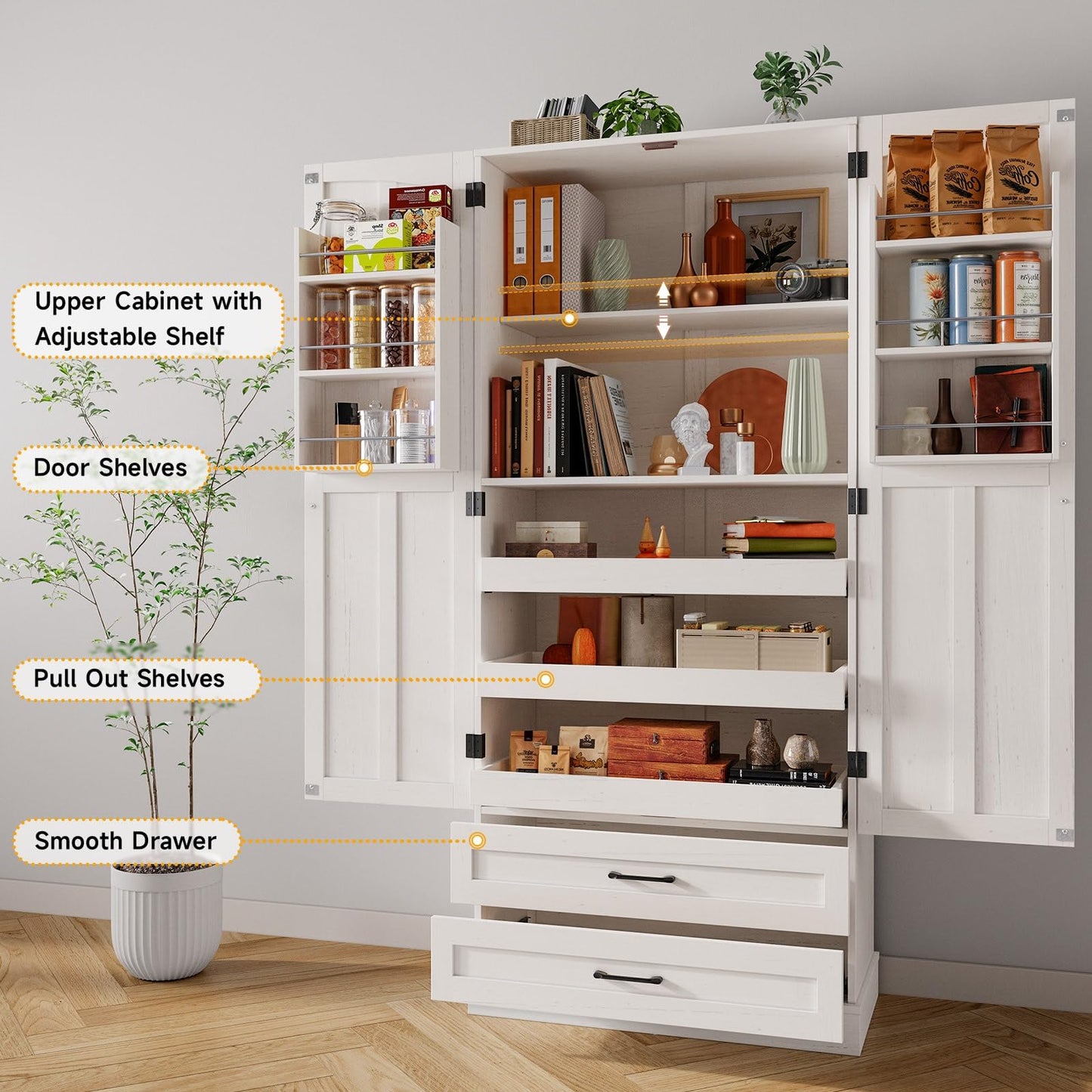 ONBRILL 71" Tall Farmhouse Kitchen Pantry Cabinet with 3 Pull Out Shelves & 2 Large Drawers, Pantry Storage Cabinet with 6 Door Shelf & Adjustable Shelf, Freestanding Cupboard for Kitchen, Dining Room