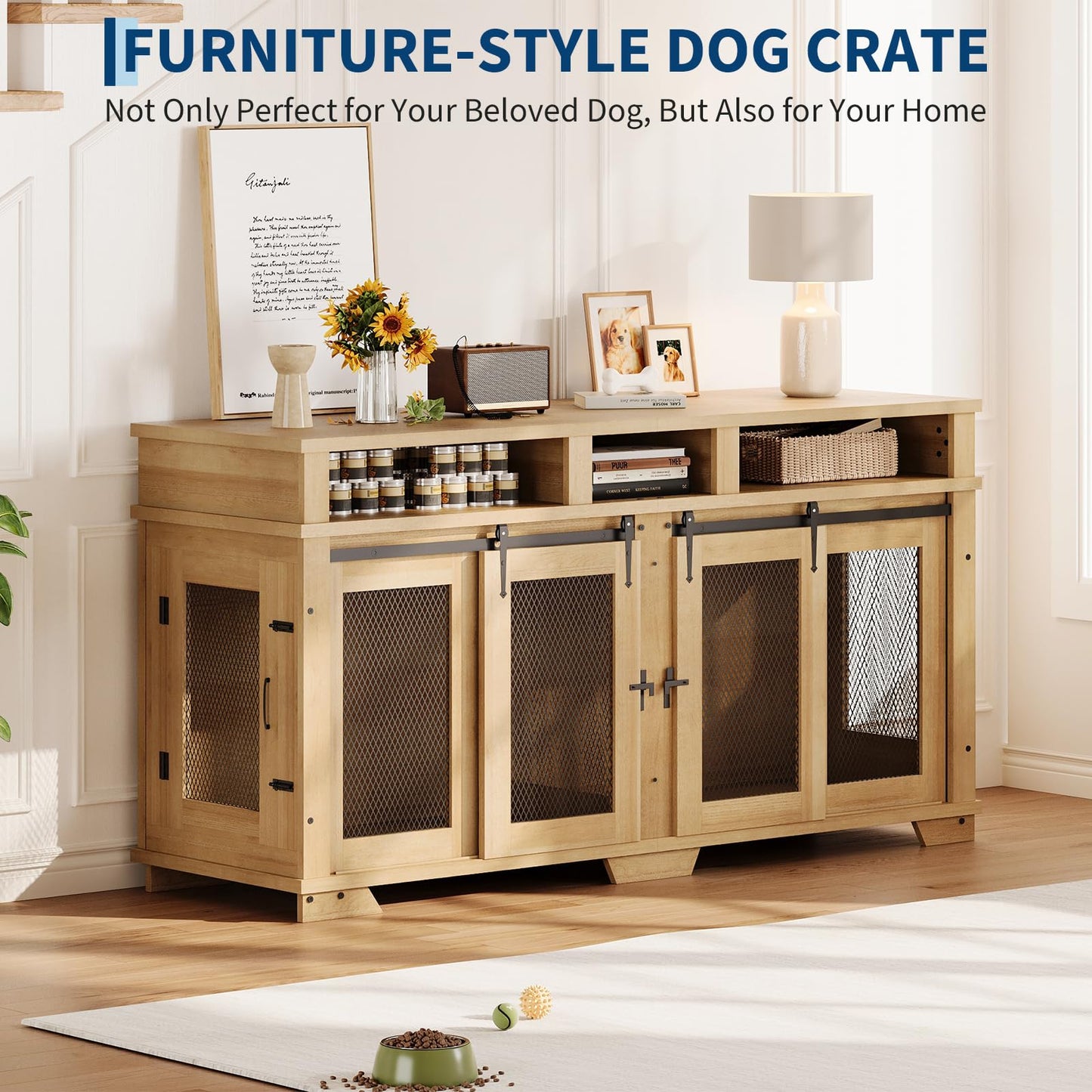 Garvee 71'' Dog Crate Furniture for 2 Dogs, Extra Large Double Dog Kennel Indoor with Removable Divider and Storage Drawers, Wooden Dog Crate TV Stand for Large Medium Dogs