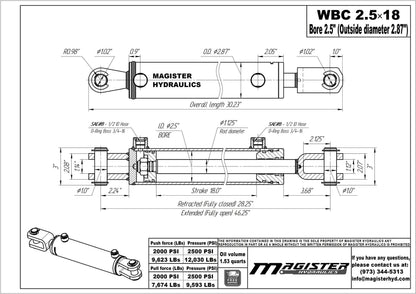 Magister Hydraulics Double Acting Hydraulic Cylinder - AG Clevis Hydraulic Cylinder 2500 PSI tie-Rod Alternative 2.5" bore 18" Stroke (2.5x18)