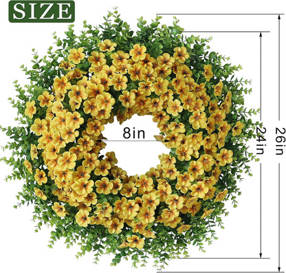 Skiennix 26" Large Artificial Eucalyptus Wreath - Realistic Faux Silk Morning Glory Flowers for Home & Wedding Decor (Yellow)