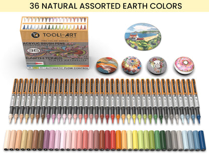 36 Earth Tones Flexible Brush Tip Acrylic Paint Pens Automatic Flow Control 1-5mm Line for Rock Painting,Coloring, Lettering,Scrapbooking,Glass,Mugs,Wood,Metal,Canvas,Fabric,Plastic Waterbased