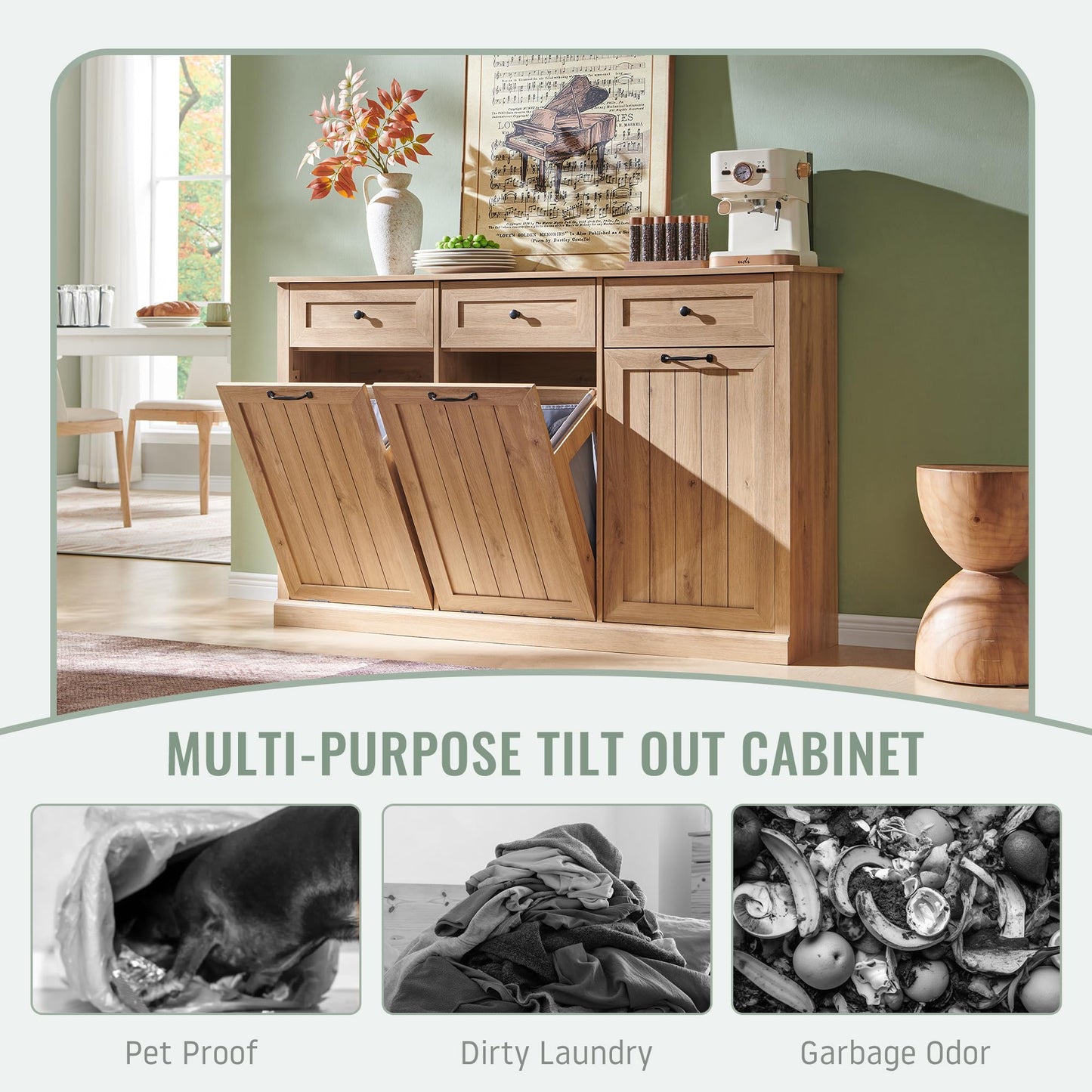IFBUY Triple Tilt Out Laundry Hamper Cabinet, 20 Gallon Farmhouse Trash Can Cabinet w/Drawer & Adjustable Shelf, Hidden Garbage Can Bin Cabinets w/Laundry Basket for Bathroom, Kitchen (Natural)