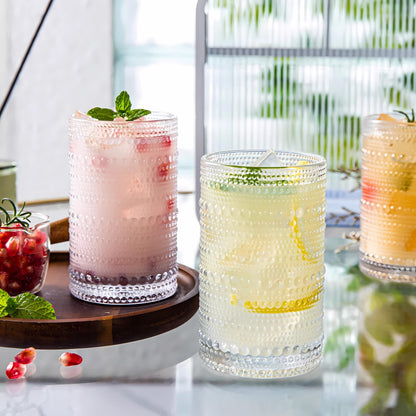 Ework4U 2 Pcs Iced Coffee Glasses Cups with Glass Lids and Straws,12 oz Thick Emboss Beaded Drinking Glass Cup Set,Latte Glasses,Ideal for Water,Soda,Gift with Cleaning Brushes