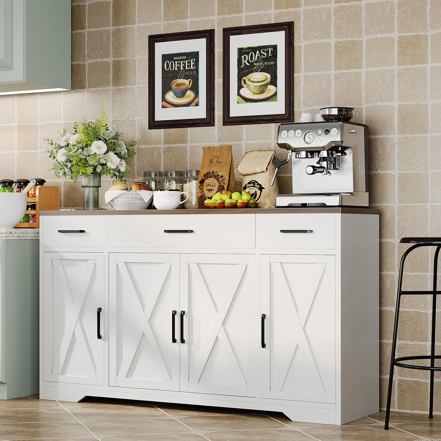 GAOMON Buffet Cabinet with Drawers, 55inch Wood Coffee Bar Large Sideboard Buffet Storage Cabinet with Shelves and Doors for Kitchen Dining Living Room,White/Rustic