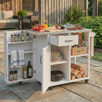 Outdoor Kitchen Island Cart with Stainless Steel Top, Rolling Grill Table with Storage Cabinet Drawer Shelves and Towel Rack, Wooden BBQ Prep Station with Lockable Wheels for Patio Backyard, White