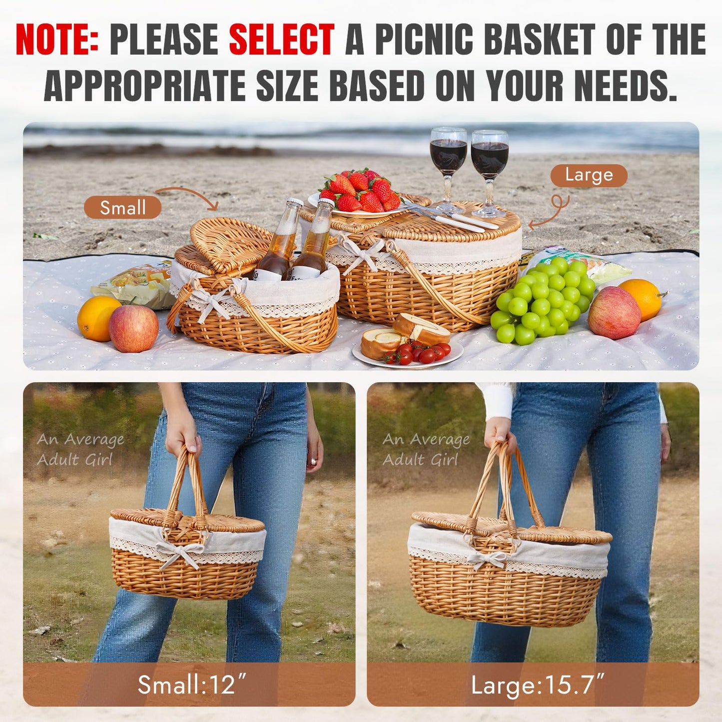Happypicnic Wicker Picnic Basket with Handle, 15" Large Empty Picnic Basket with Lid & Removable Liner, Vintage Hand Woven Basket for Picnics, Camping, Veg Picking, Mother's Day, Thanksgiving (Check)