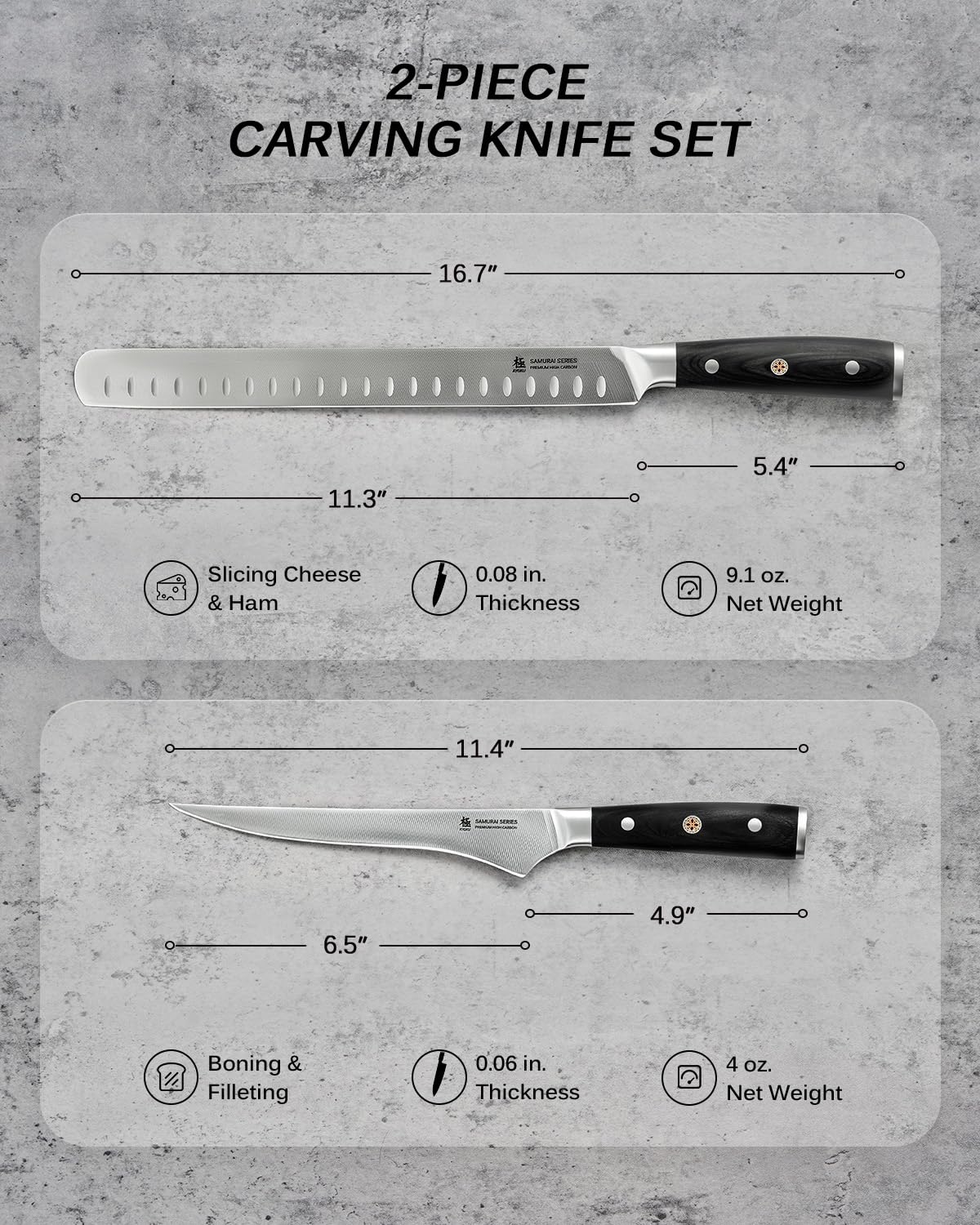 KYOKU 2pc Kitchen Knife Set, Samurai Series 6.5" Boning Knife & 12" Slicing Knife Set, High Carbon Steel Japanese Style Knives with Pakkawood Handle Sheath for Meat Fruit Vegetable Dicing Carving