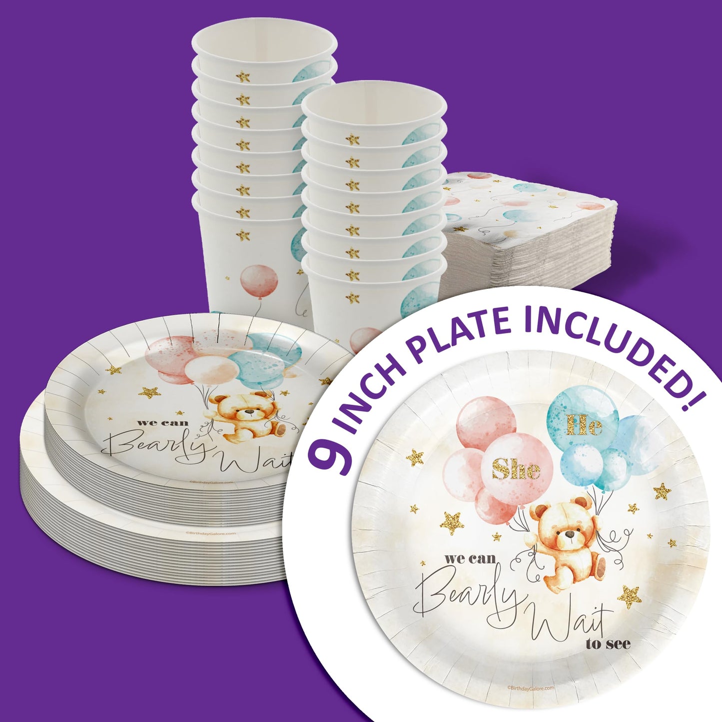 Birthday Galore We Can Bearly Wait Teddy Bear Gender Reveal Themed Party Supplies for Baby Shower - A 64 Pieces Elegant Tableware Disposable Set with Plates, Napkins, Cups for All Events - Kit for 16