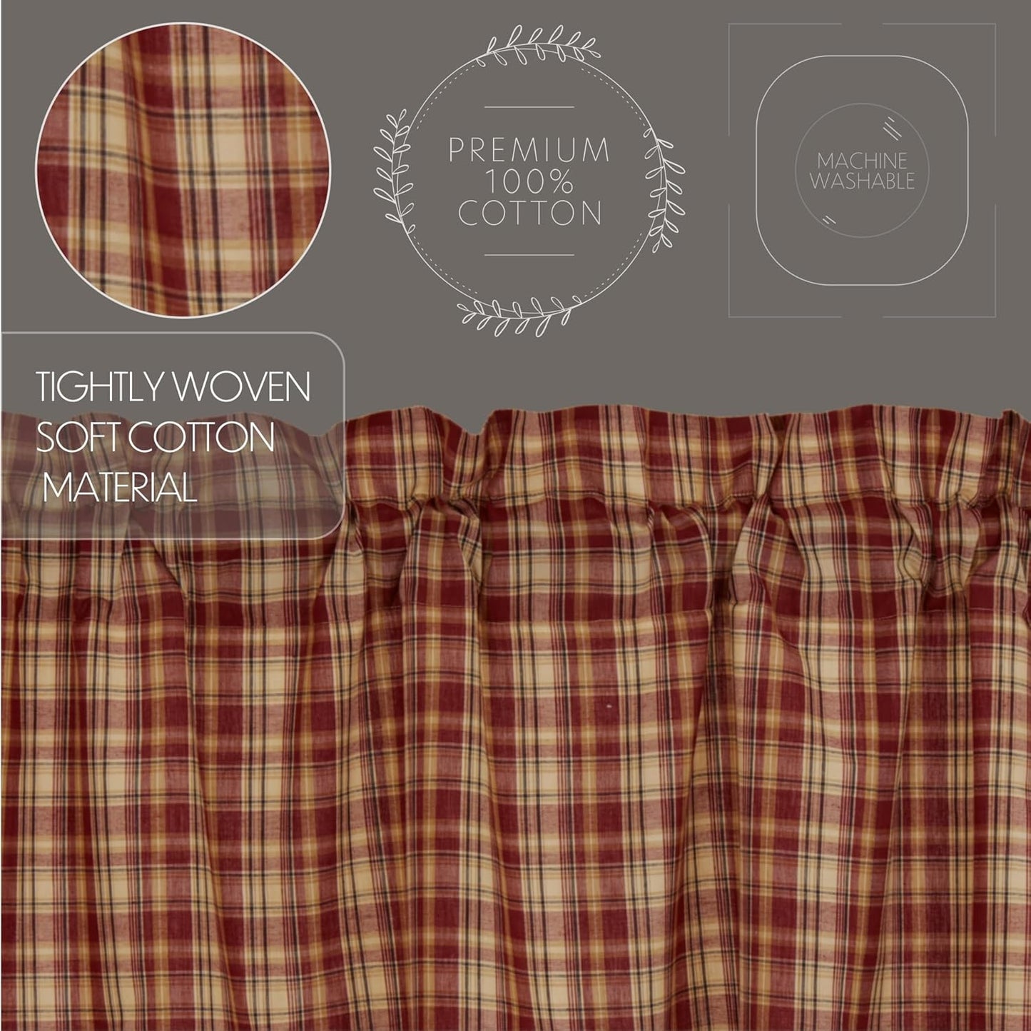 VHC Brands Rustic Thanksgiving Kitchen Curtain, Beckham Plaid Rod Pocket Cotton Valance, 16x60 Inches, Rust Red