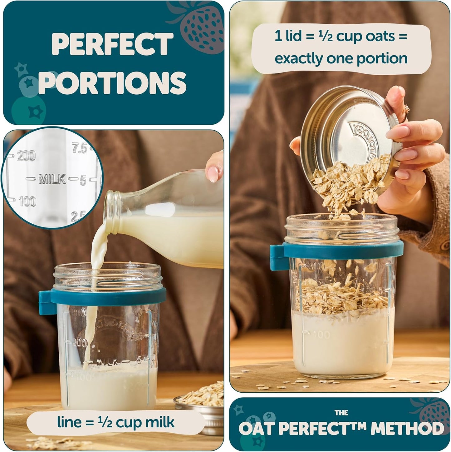 16oz Set 4 Pack Overnight Oats Containers with Lids & Spoons - Stainless Steel Lid Leakproof Glass Jars for Chia