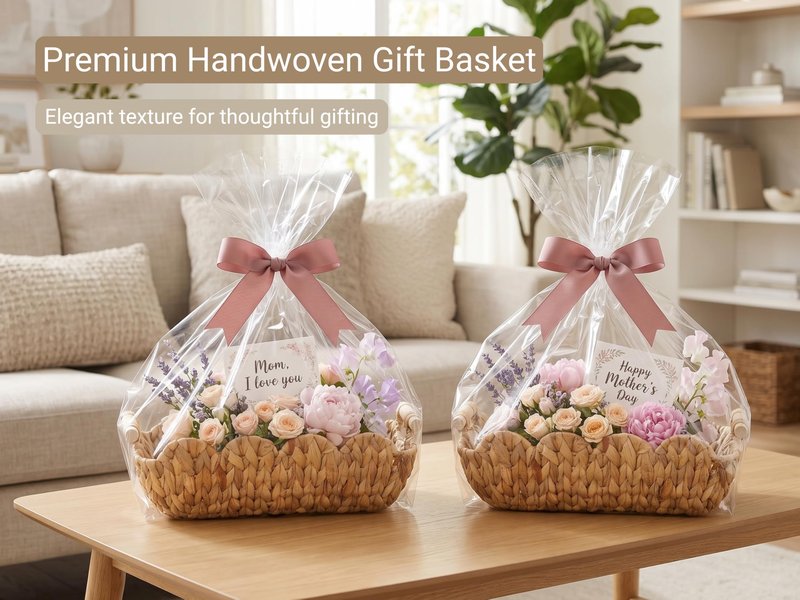 Coeusy Small Wicker Basket 2 Pack,Scalloped Basket for Organizing and Decor,Natural Water Hyacinth Storage Baskets with Wooden Handles for Gifts,Snack,Shelves