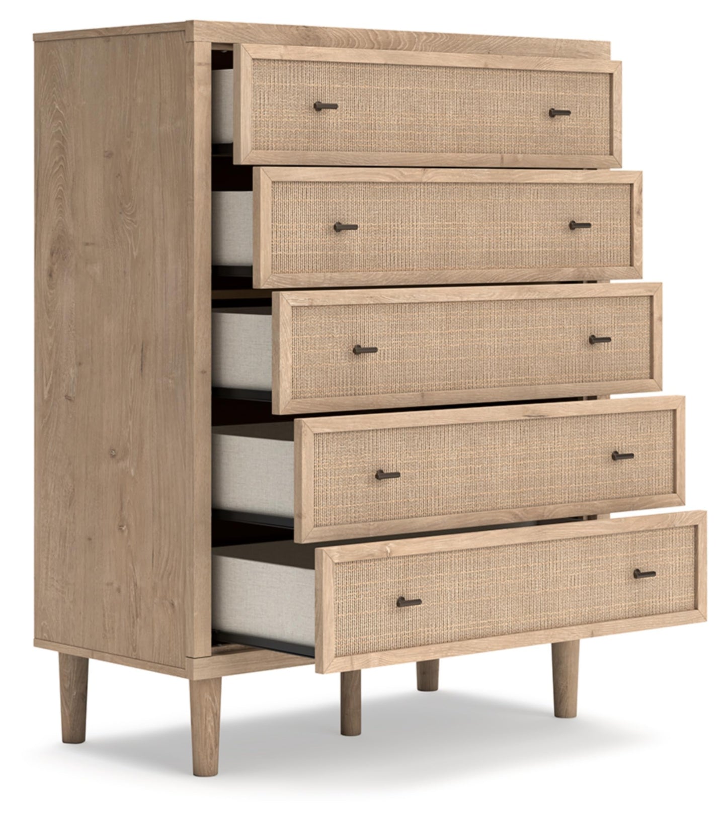 Signature Design by Ashley Cielden Contemporary Chest of Drawers with Textured Cane Details and 5 Drawers, Bronze Knobs, Wood, 52.48" High, Light Brown