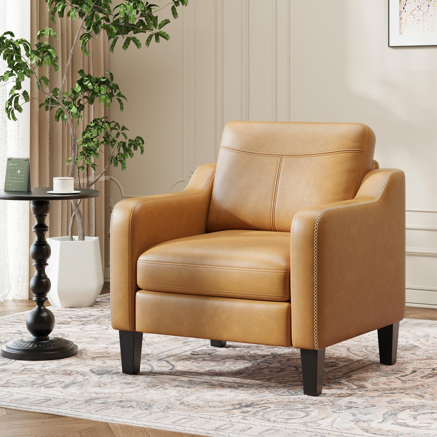 MALOL PU Leather Accent Chair Set of 2, Mid-Century Modern Living Room Armchair Sofa with Removable Cushions, Solid Wood Frame & Stitched Armrest Design, Bedroom Chair with Plastic Legs, Brown