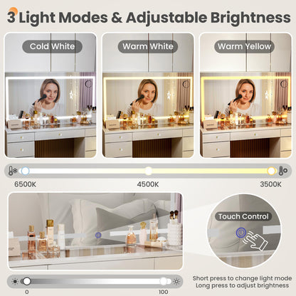 Pamapic Glass Top Vanity Desk with Crystal Handles, 11 Drawers Makeup Vanity with Mirror and Stool, 3 Lighting Modes Dressing Table, Power Outlet, Silent Slides, White