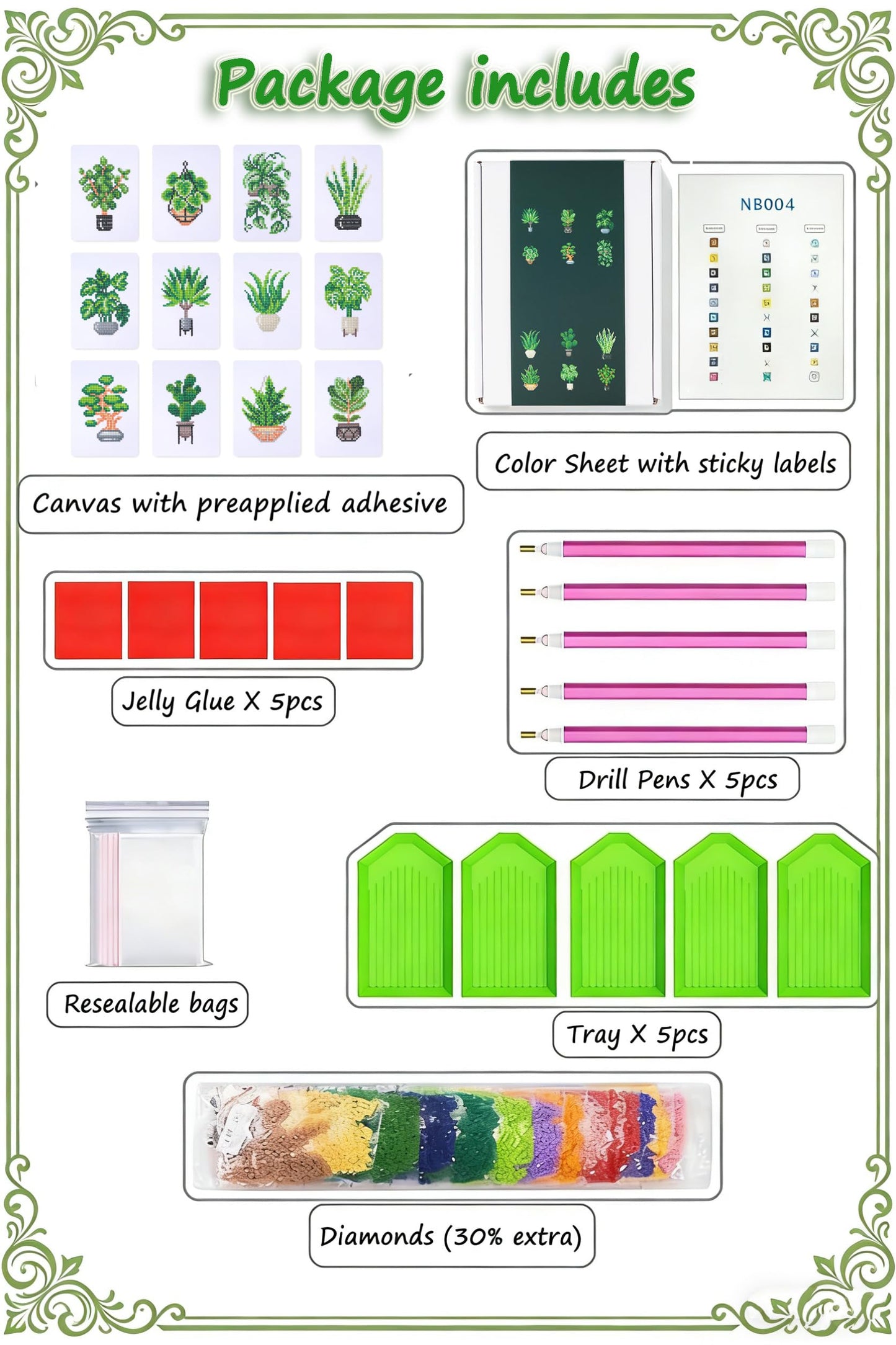 Apomelo 12pcs Small Diamond Art Kits Green Plants, Round Drill Mini Small Diamond Art Kits for Adults Beginners,Mini Diamond Art for Home Wall Desktop Art Decor, 6X8 inches