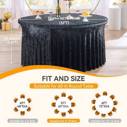Outpain 4Pack 60 Inch Round Velvet Tablecloths - 120 Inch Stretch Spandex Table Cover with Floor-Length Skirt, Wrinkle-Free Luxury Elastic Table Cloths for Weddings,Banquets,Events (Black)