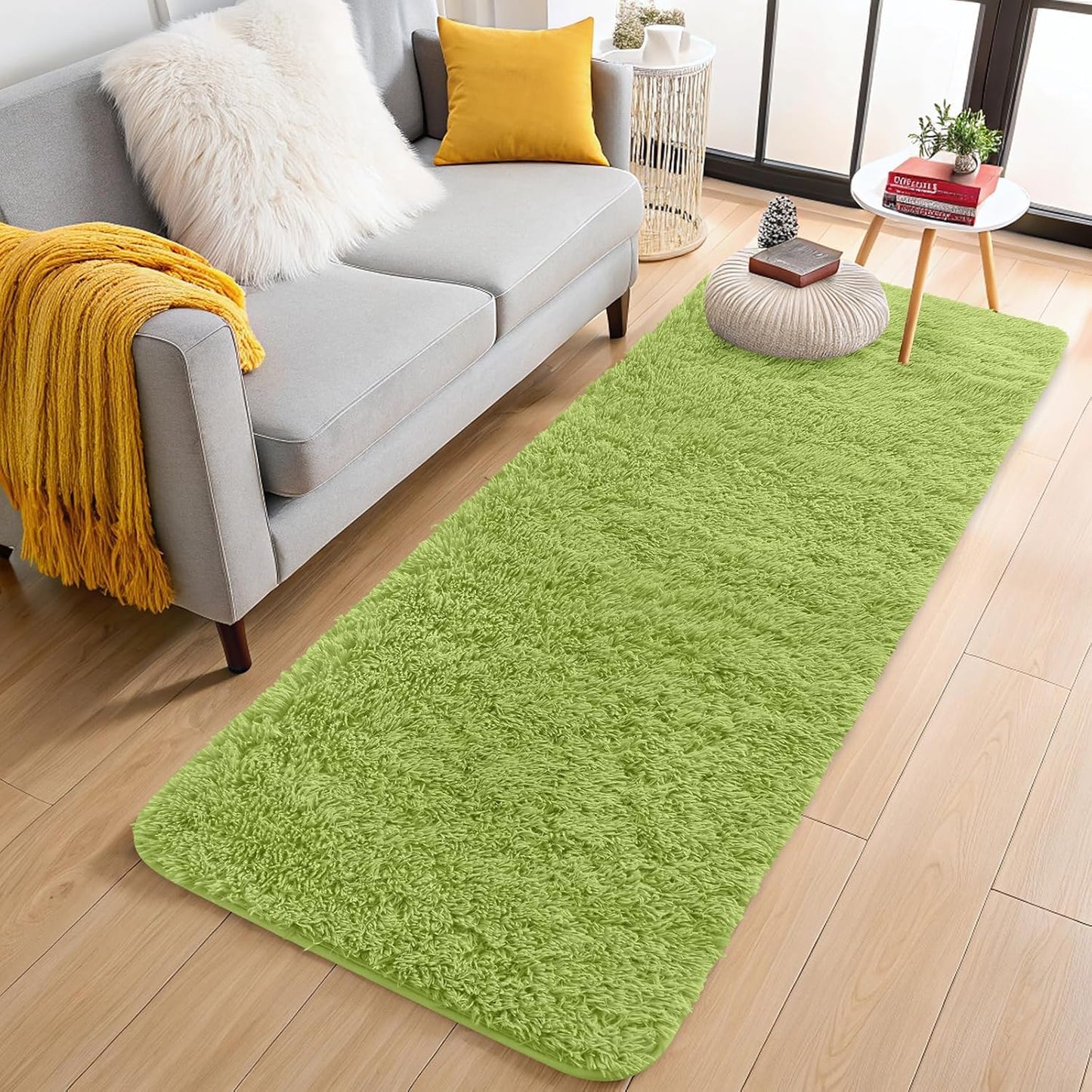 OLANLY 2x4 Machine Washable Runner Rug - Soft Fluffy Shaggy Design for Bedroom & Hallway | Grass Green