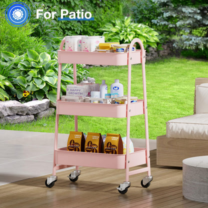 OLIXIS Metal 3 Tiers Utility Rolling Cart, Mobile Storage Shelf with Lockable Caster Wheels, Organization for Livingroom, Bathroom & Narrow Places, Pink