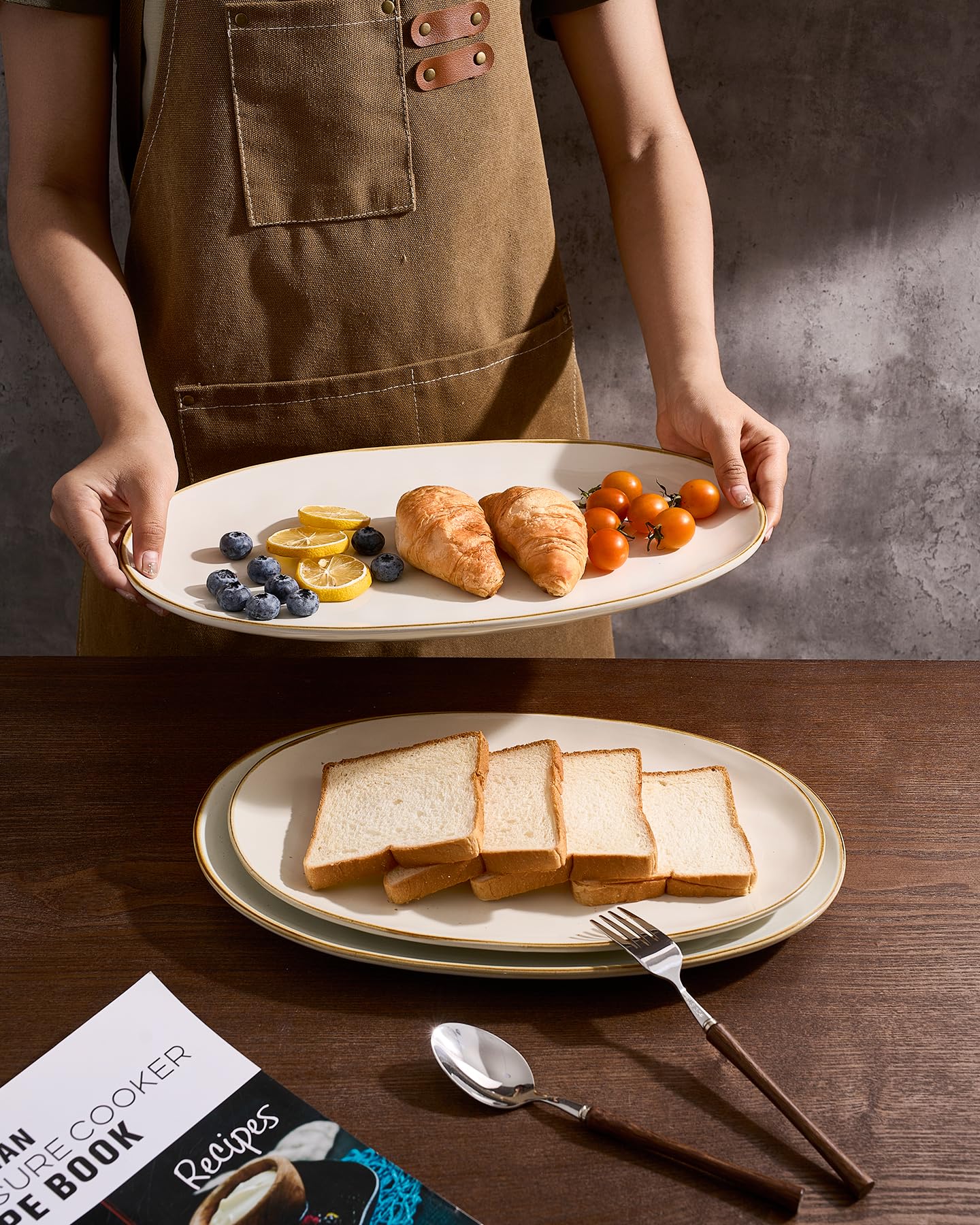 famiware Serving Platter, Oval 15.59/14.3/12.9inch Serving Dishes for Entertaining, Serving Bowls, Microwave Safe, Stoneware Serving Trays for Party, Food, Turkey, Cheese, Ocean Series, Vanilla White