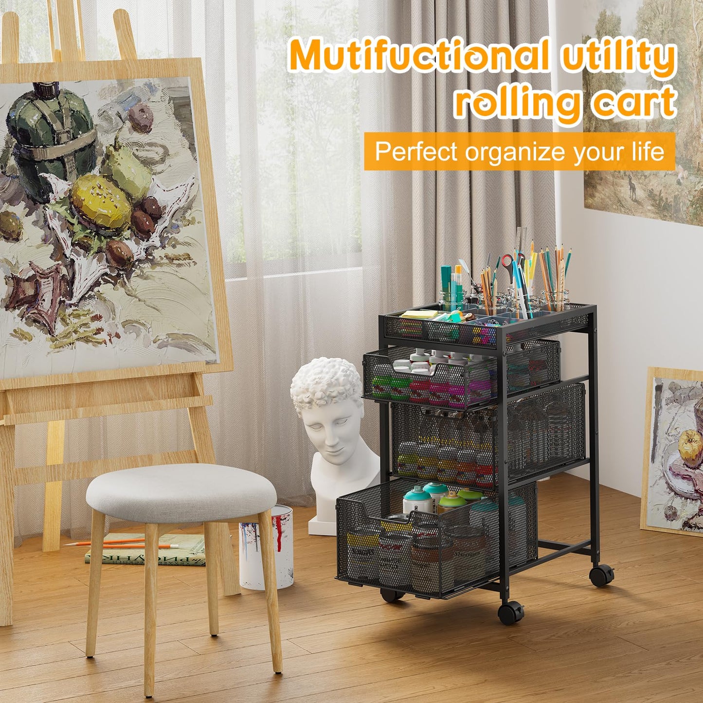 Rolling Utility Cart with 3 Drawers, Craft Organizer and Storage with DIY Divider, Lockable Wheels, Multi-Functional Storage for Art Supplies, Store for Brushes & Paints & Small Parts(Patent Pending)